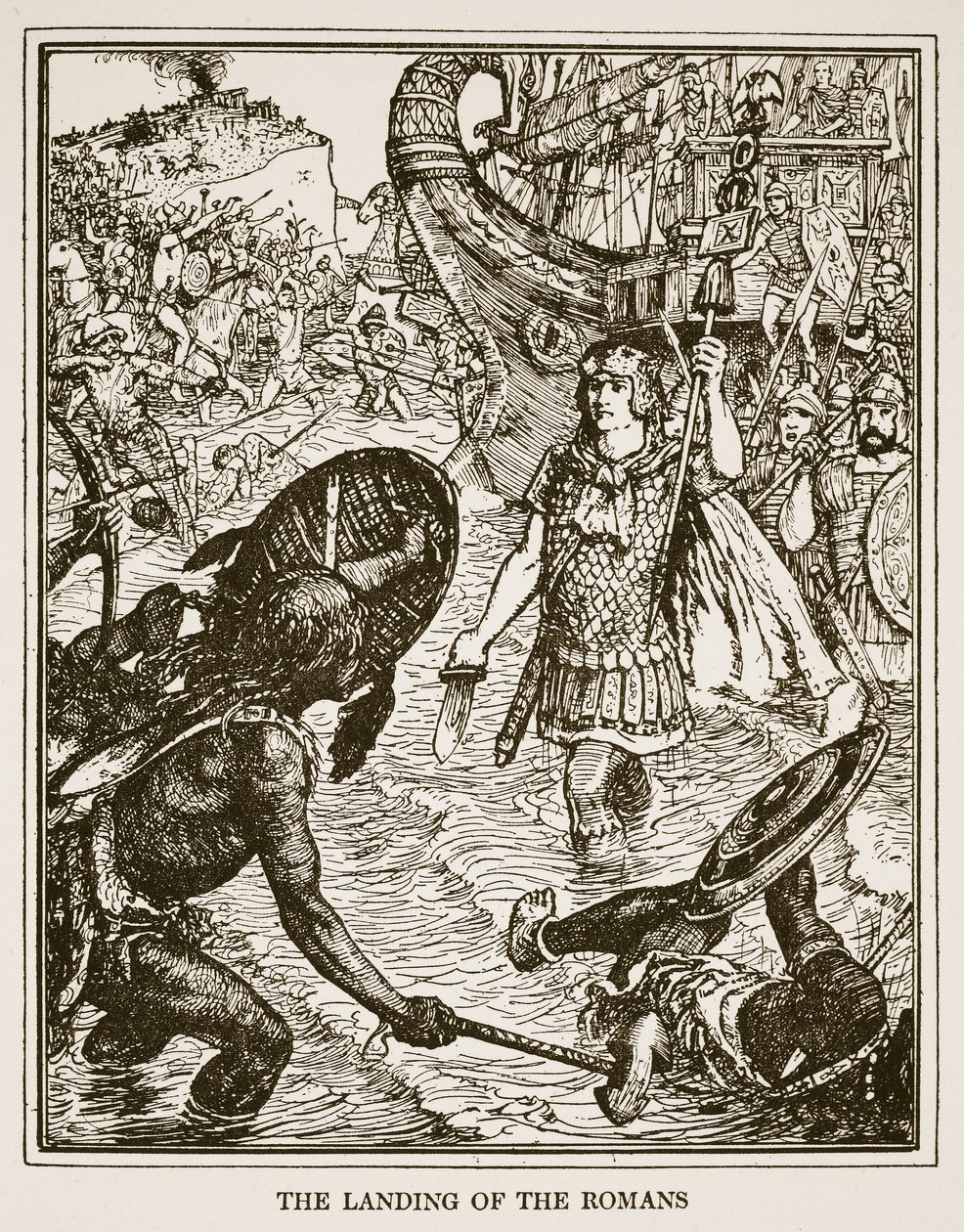 Romarnas landstigning, illustration från "A History of England" av C.R.L. Fletcher och Rudyard Kipling, 1911. av Henry Justice Ford