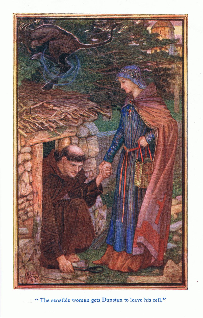 Den förnuftiga kvinnan får Dunstan att lämna sin cell, 1912 av Henry Justice Ford