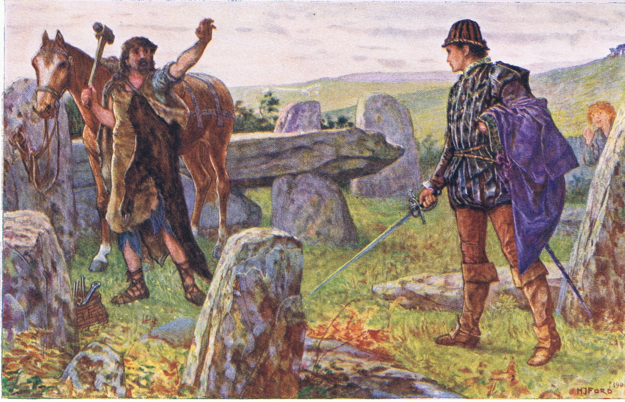 Tresilian konfronterar den mystiska hovslagaren, illustration från Kenilworth, ca 1910 av Henry Justice Ford