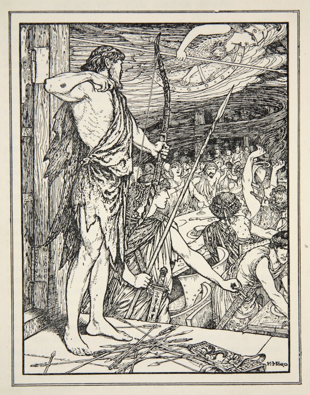 Ulysses Shoots the First Arrow at the Wooers, från "Tales of the Greek Seas" av Andrew Lang av Henry Justice Ford
