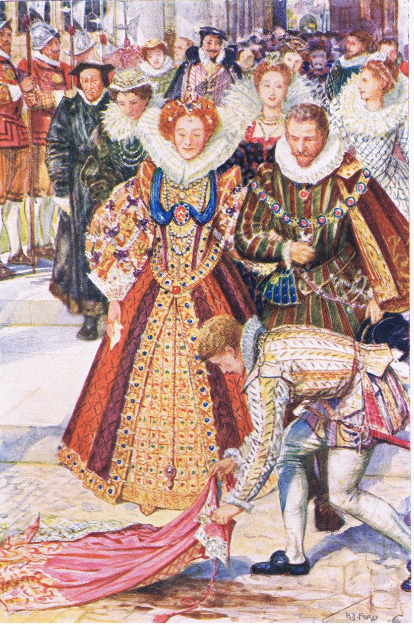 Walter Raleigh offrar sin mantel för drottning Elizabeth, illustration från Kenilworth, ca 1910 av Henry Justice Ford