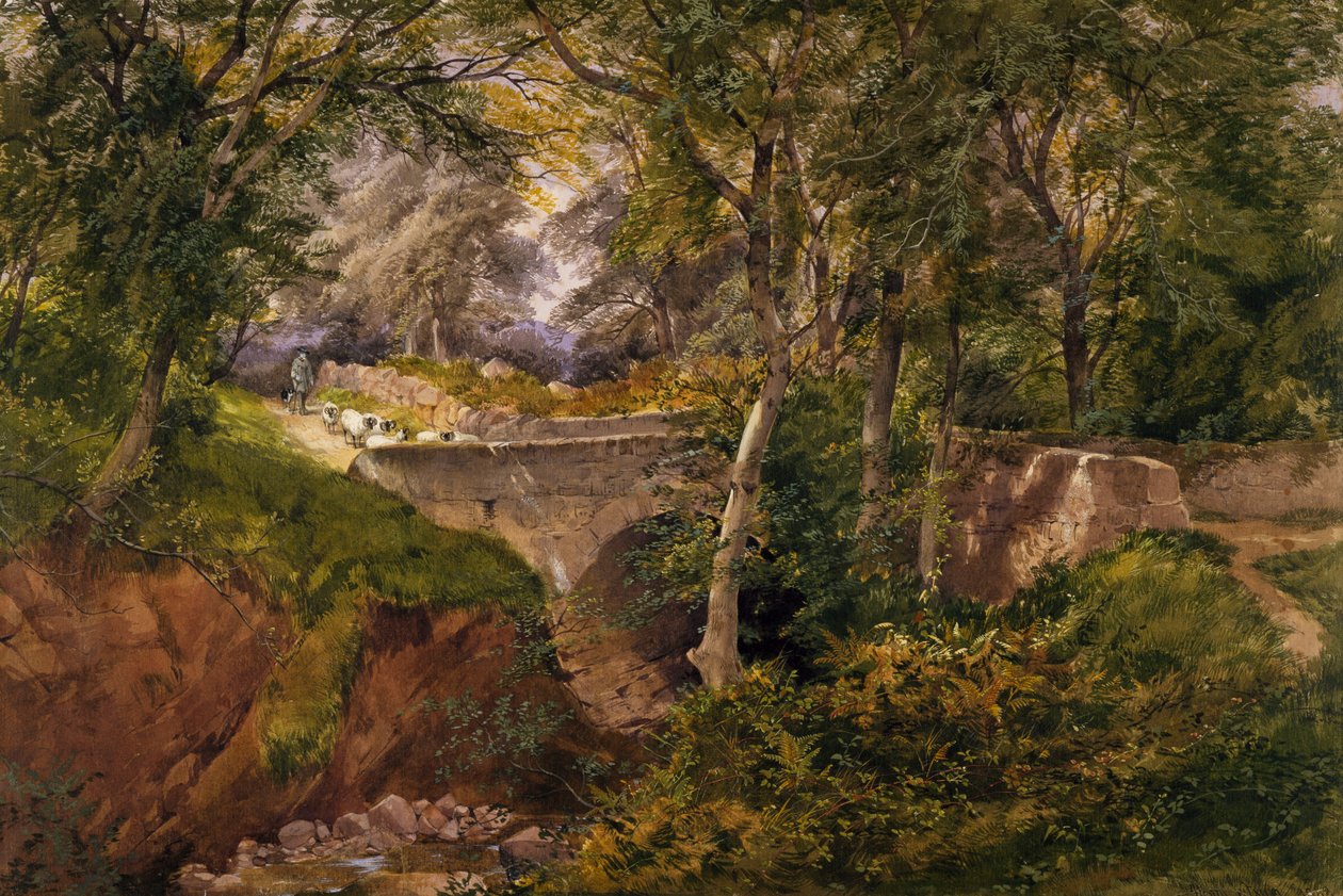 Skogbevuxen landskap med får som korsar en bro, 1868 av Henry Jutsum