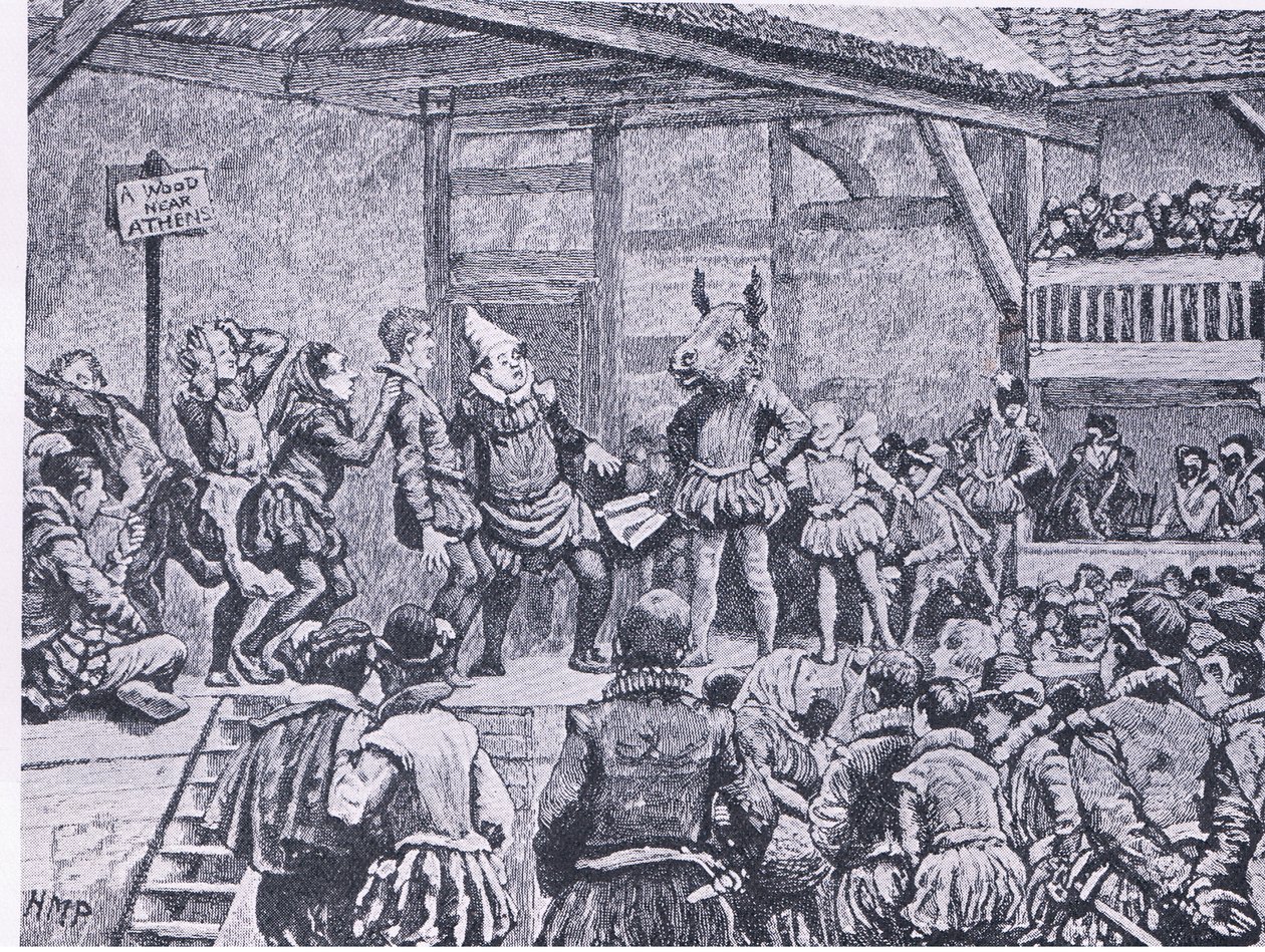 A Midsummer Nights Dream uppförd i en Elizabethansk teater, från Cassells History of the British People publicerad av Waverley Book Company, ca 1950-talet av Henry Marriott Paget