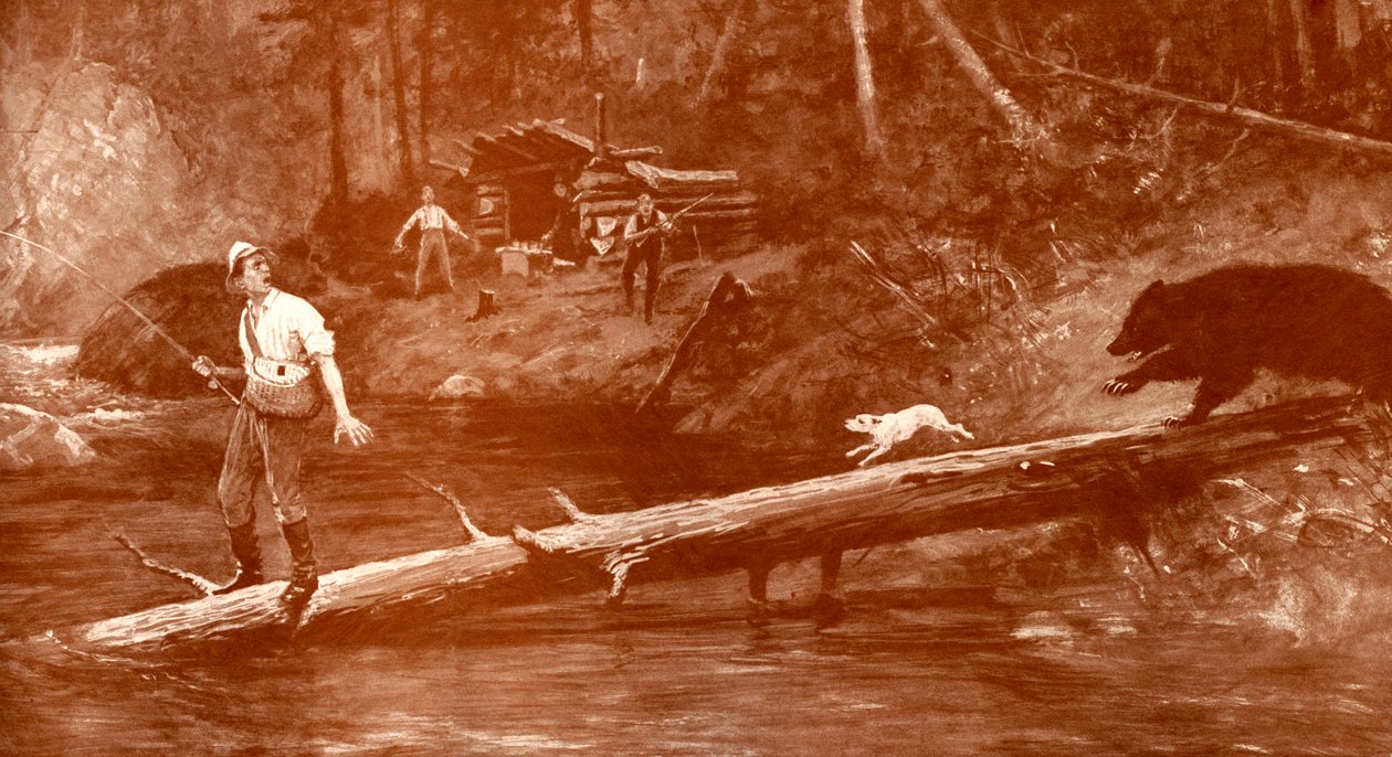 Björn närmar sig fiskare i skogen av Henry Marriott Paget