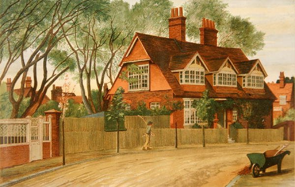 Queen Anne Gardens ser norrut, Bedford Park, Chiswick (färg litho) av Henry Marriott Paget