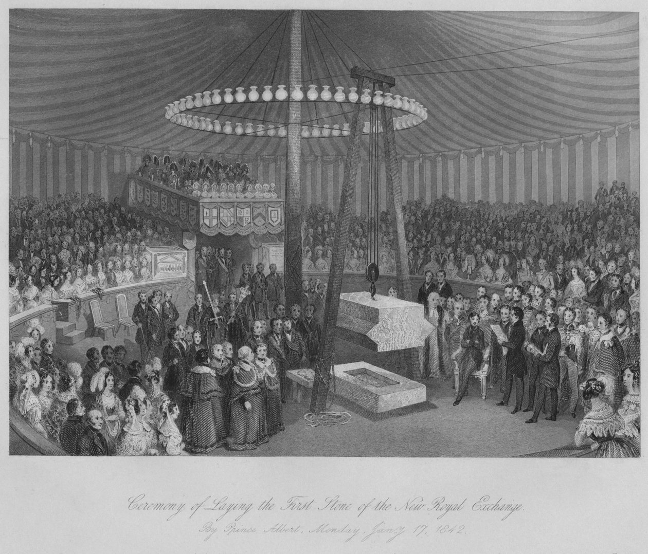 Ceremoni för nedläggning av den första stenen av den nya kungliga börsen, c1842 av Henry Melville