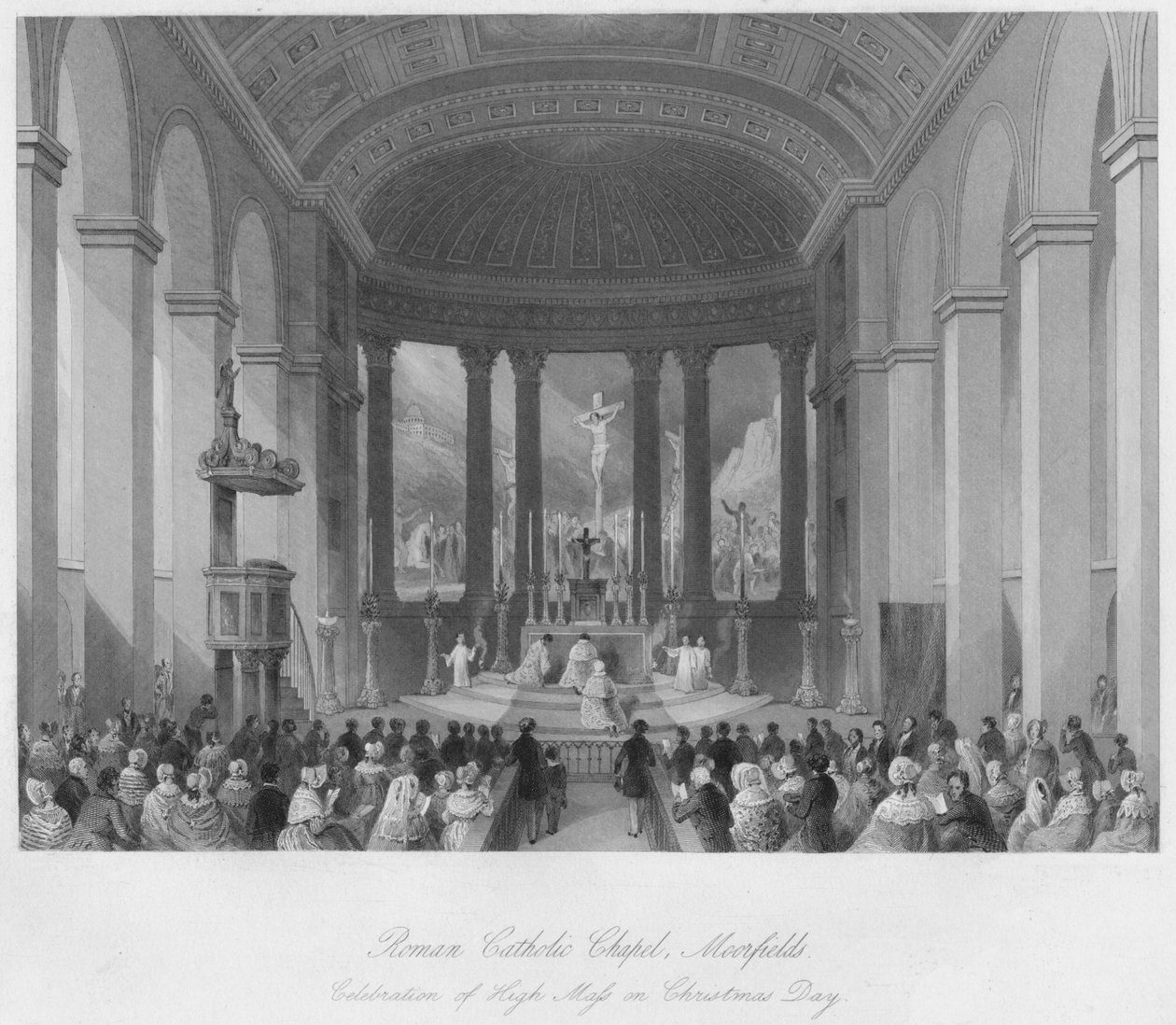 Romersk-katolska kapellet, Moorfields. Högmässa firande på juldagen, c1841 av Henry Melville