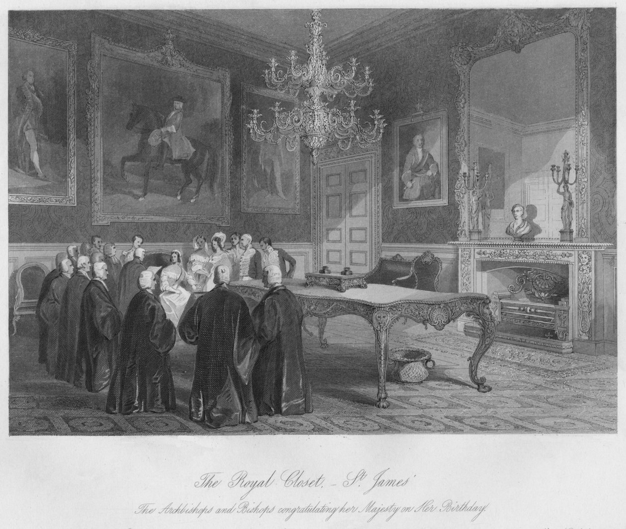 Den kungliga garderoben. - St. Jamess. Ärkebiskoparna och biskoparna gratulerar hennes majestät till hennes födelse av Henry Melville
