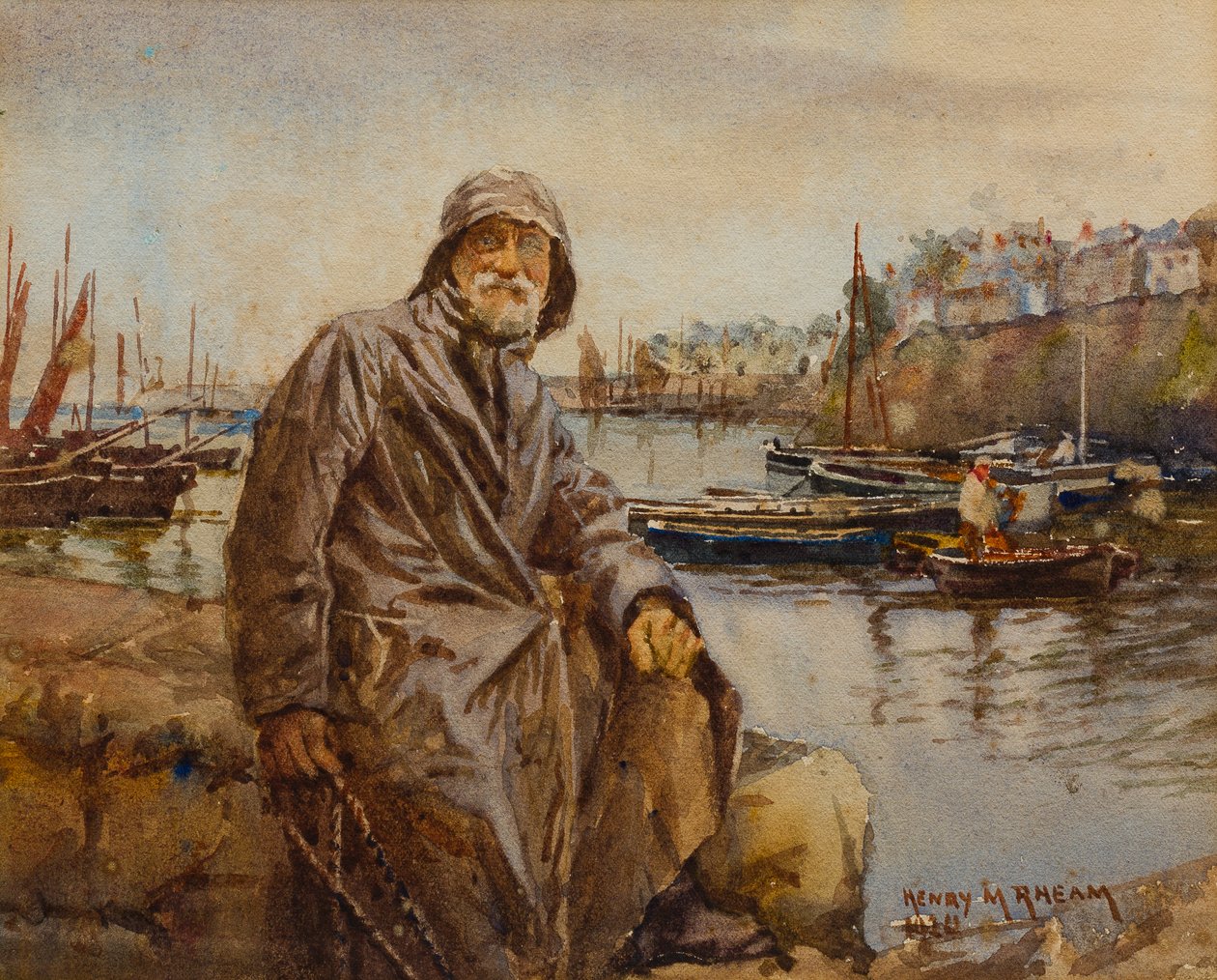 Fiskare på väggen i Newlyns hamn, 1920 (wc på papper) av Henry Meynell Rheam