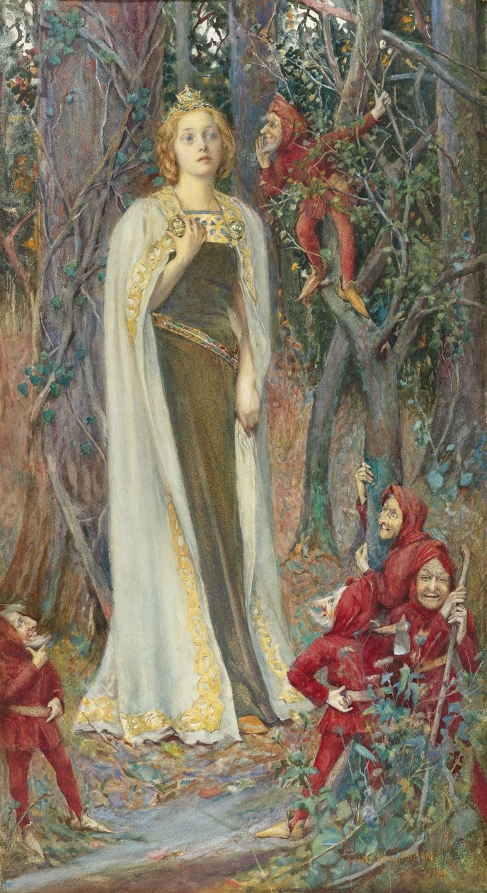 Förrafaelitiska målningar: Once Upon a Time (Snövit) (Blanche Neige) av Rheam, Henry Meynell (1859-1920). Akvarell, Gouache på papper, 78x43. Privat samling av Henry Meynell Rheam