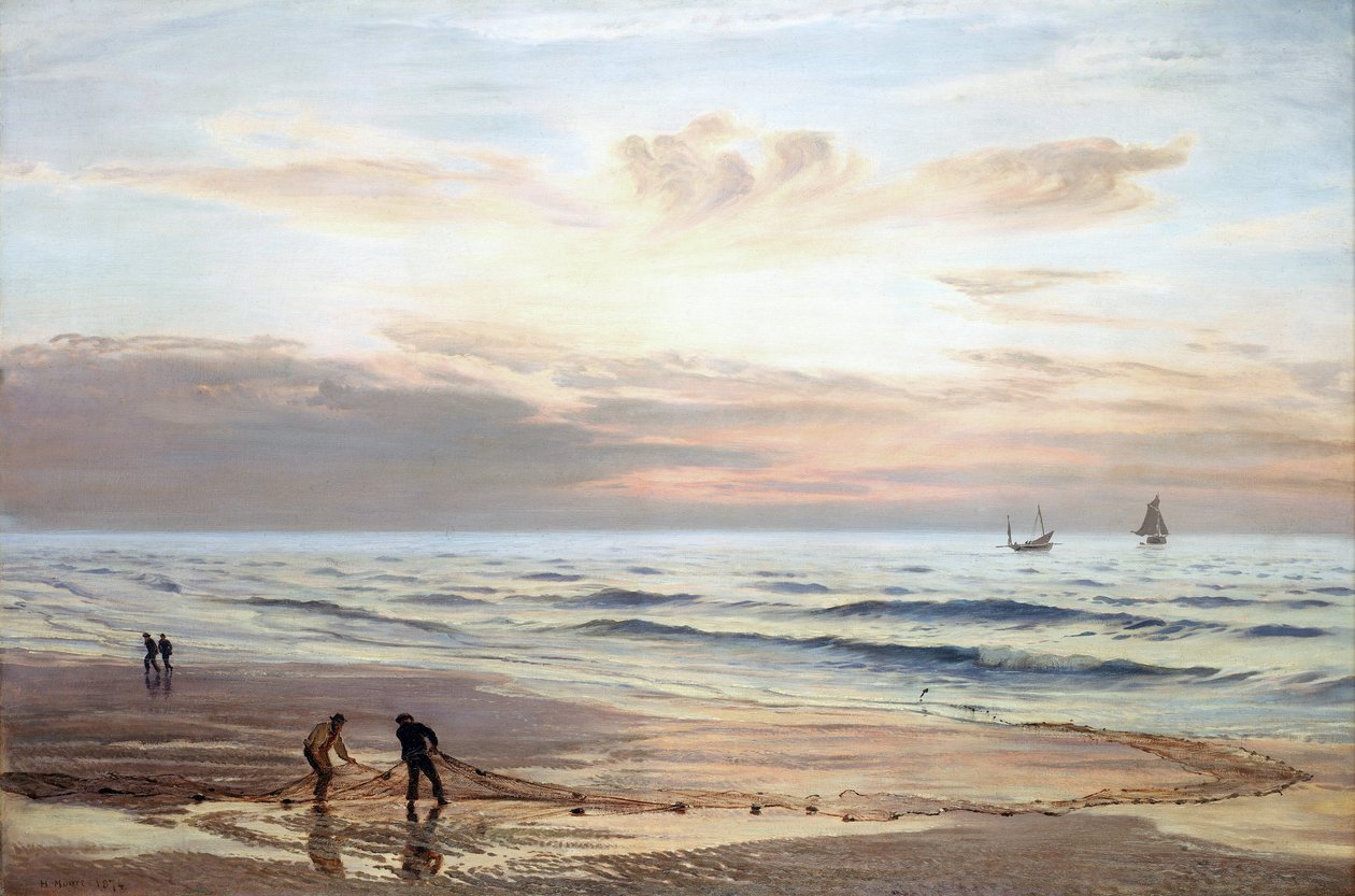 Fiskare drar upp sina nät på stranden av Wales norra kust. Olja på duk av Henry Moore