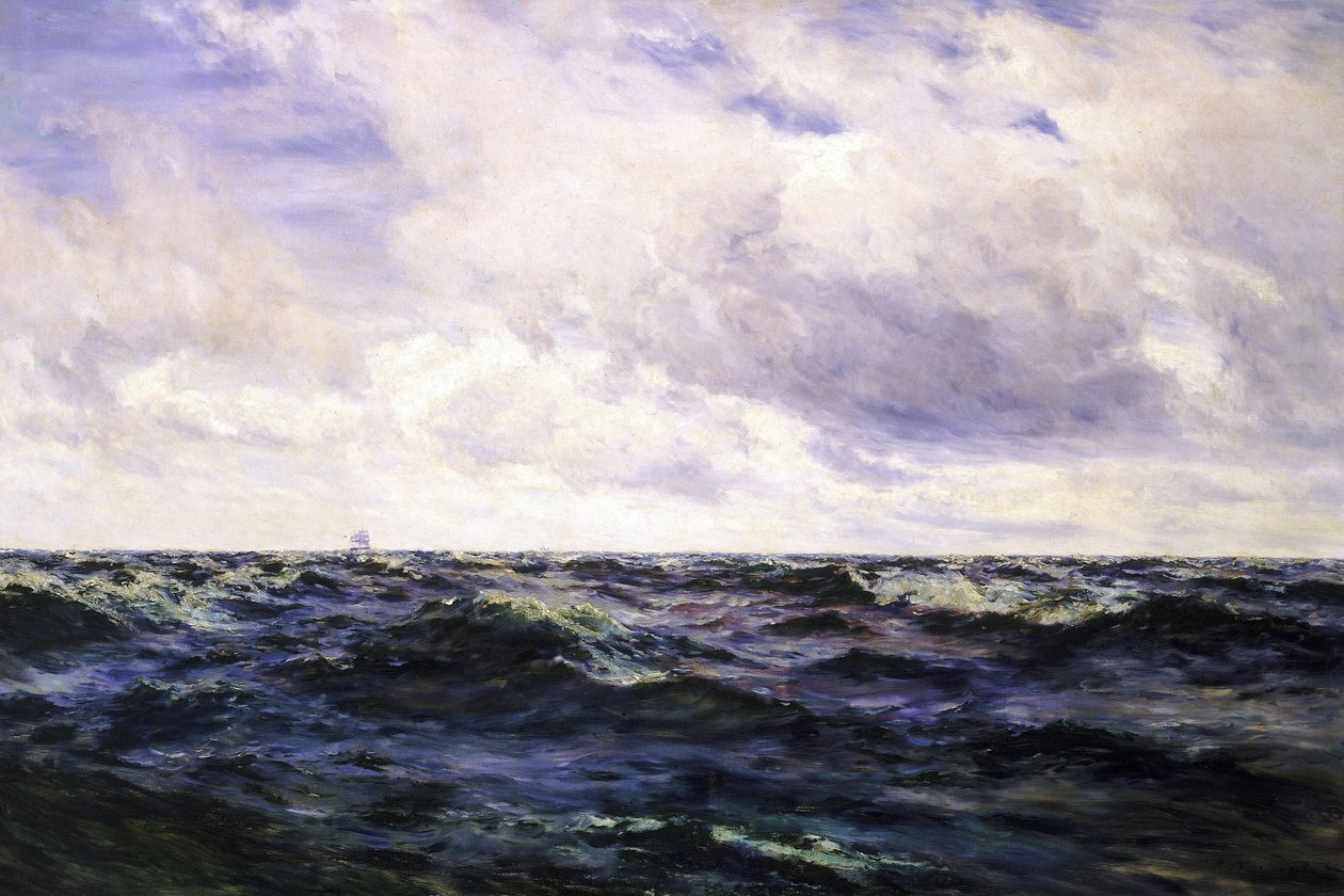 "Havslandskap med en båtskylt till vänster och en kutter som är mitt uppe i en kappsegling till höger, båda på mycket stort avstånd. av Henry Moore
