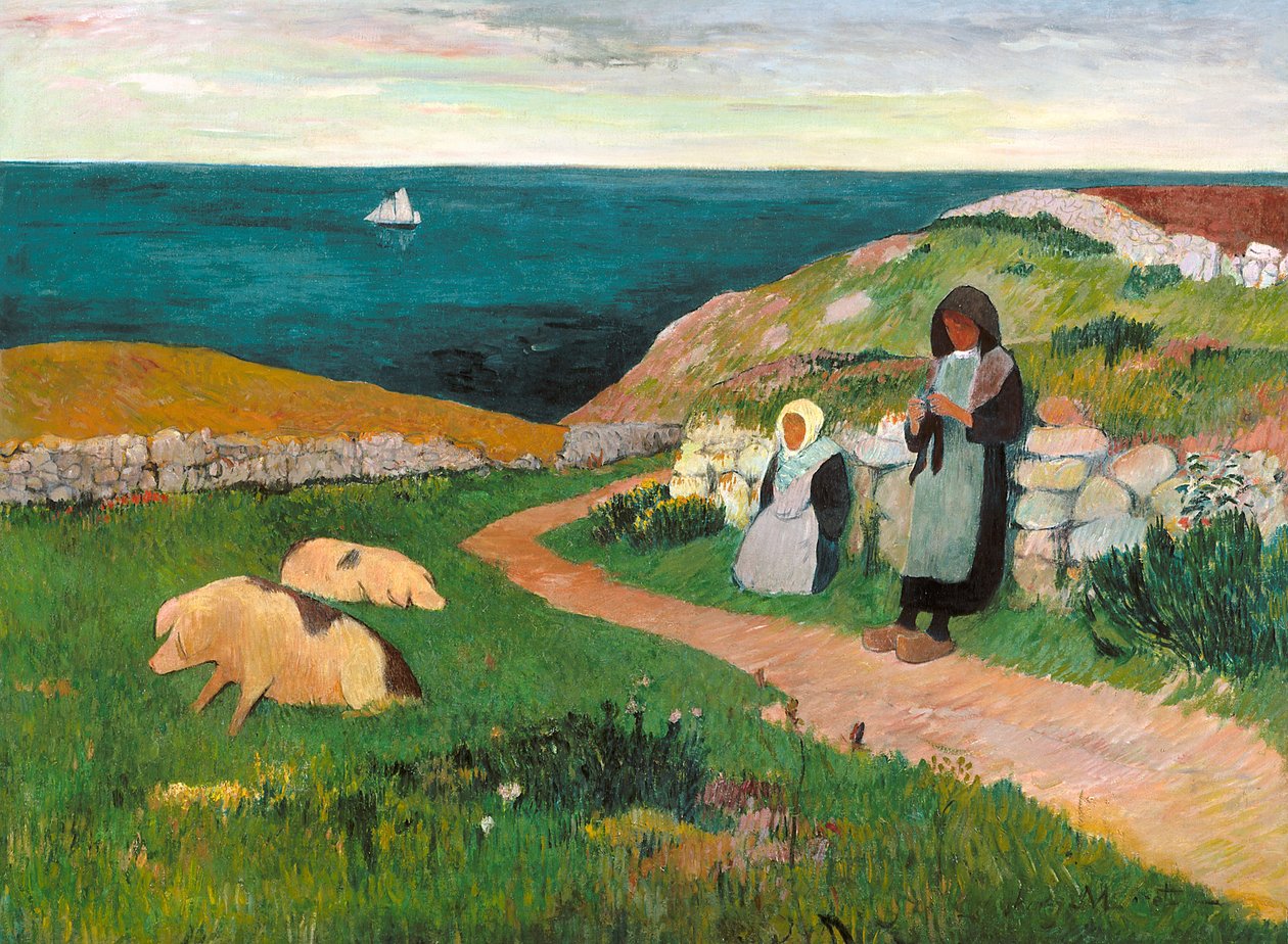 Unga bretonska flickor på fältet (olja på duk) av Henry Moret