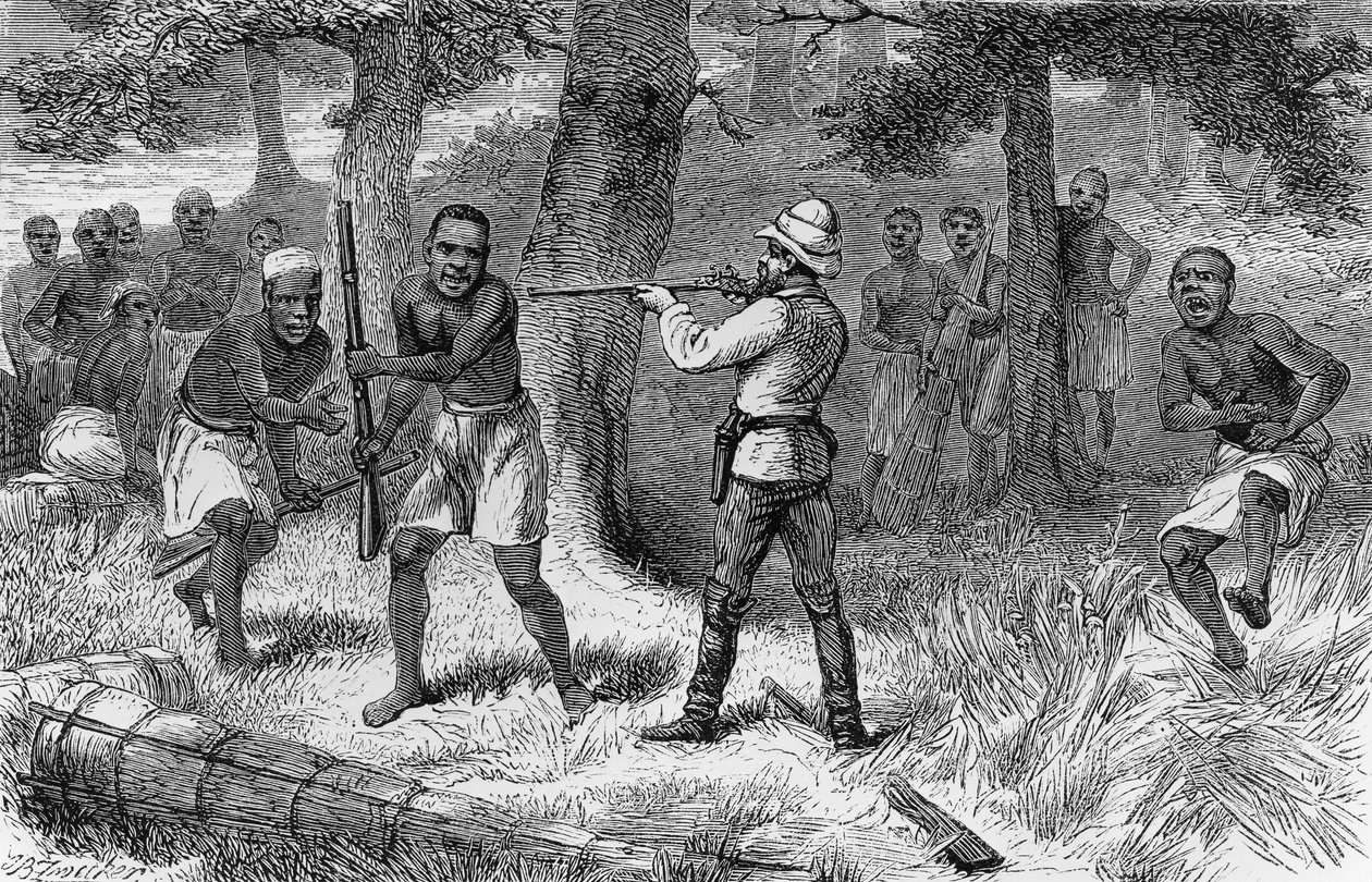 Infödda som gör uppror längs stranden av floden Gombe, Tanzania, gravering från How I found Livingstone: resor, äventyr och upptäckter i Centralafrika, av Henry Morton Stanley (1841-1904), Sampson Low, Marston, Low and Searle-utgåvan, London av Henry Morton Stanley