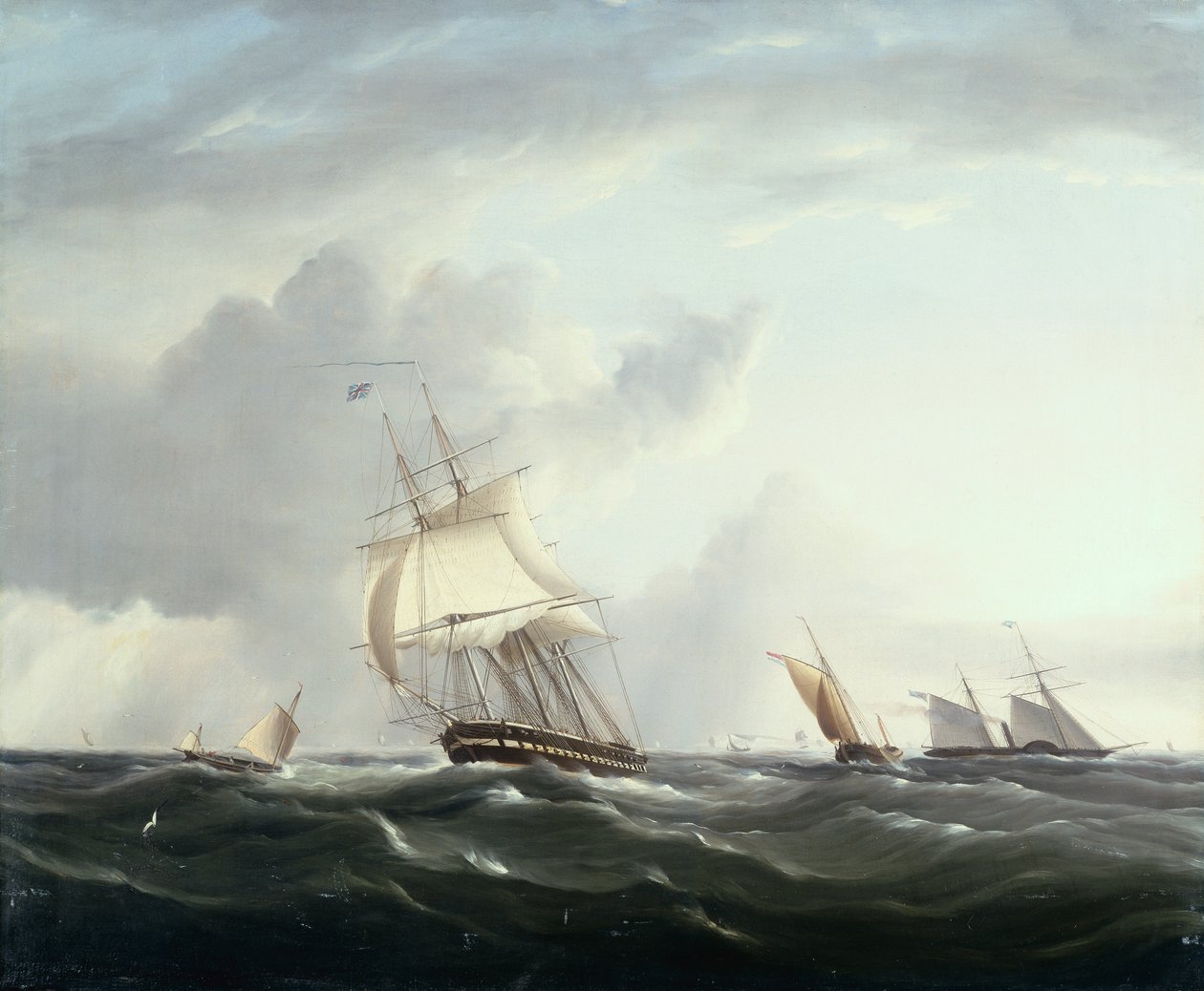 En fregatt, en paddlesteamer och Dutch Smallcraft in the Downs (olja) av Henry Moses