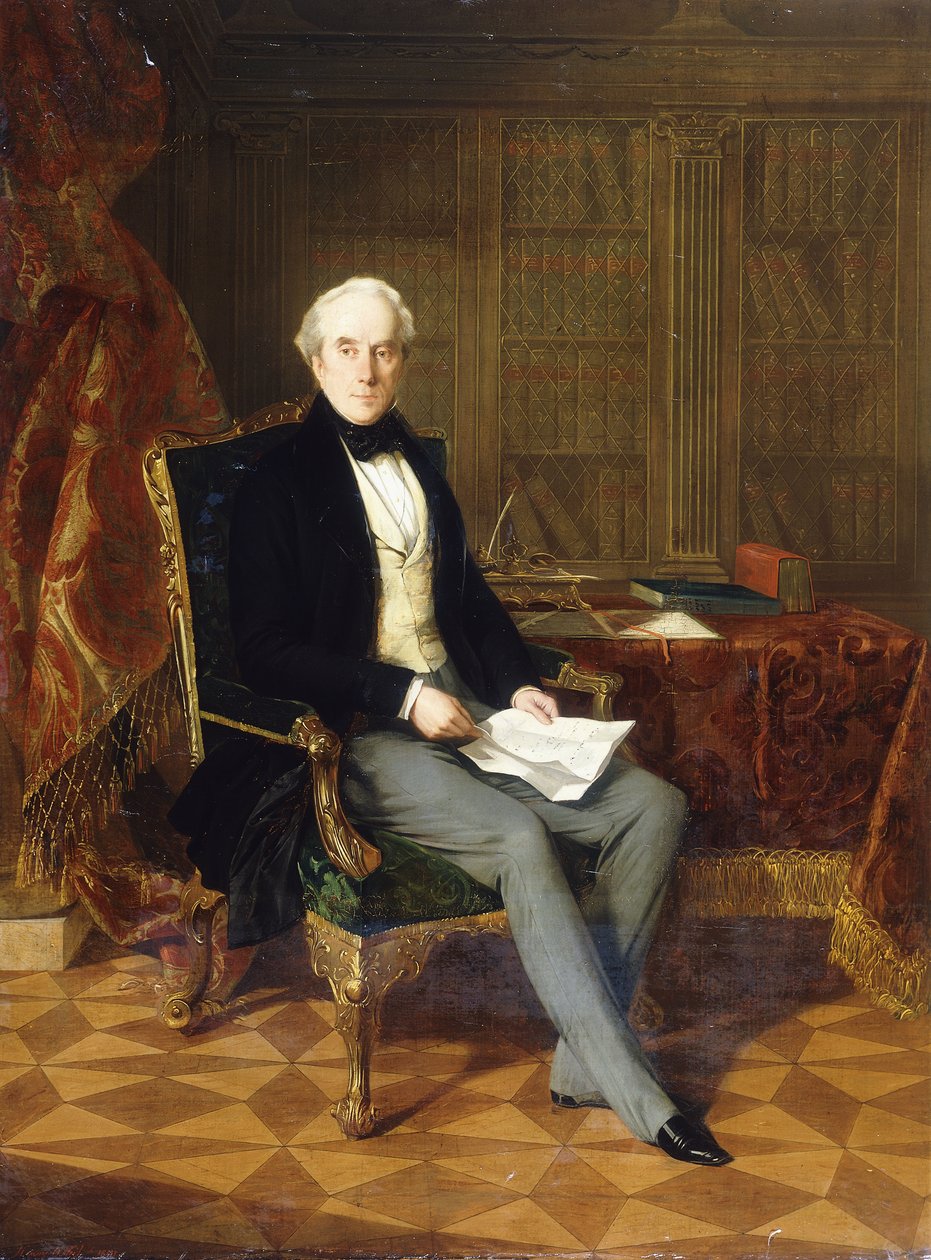 Porträtt av Henry Pelham-Clinton, K.G., 4:e hertigen av Newcastle, håller ett dokument, i hans studie, 1850 av Henry Nelson ONeil