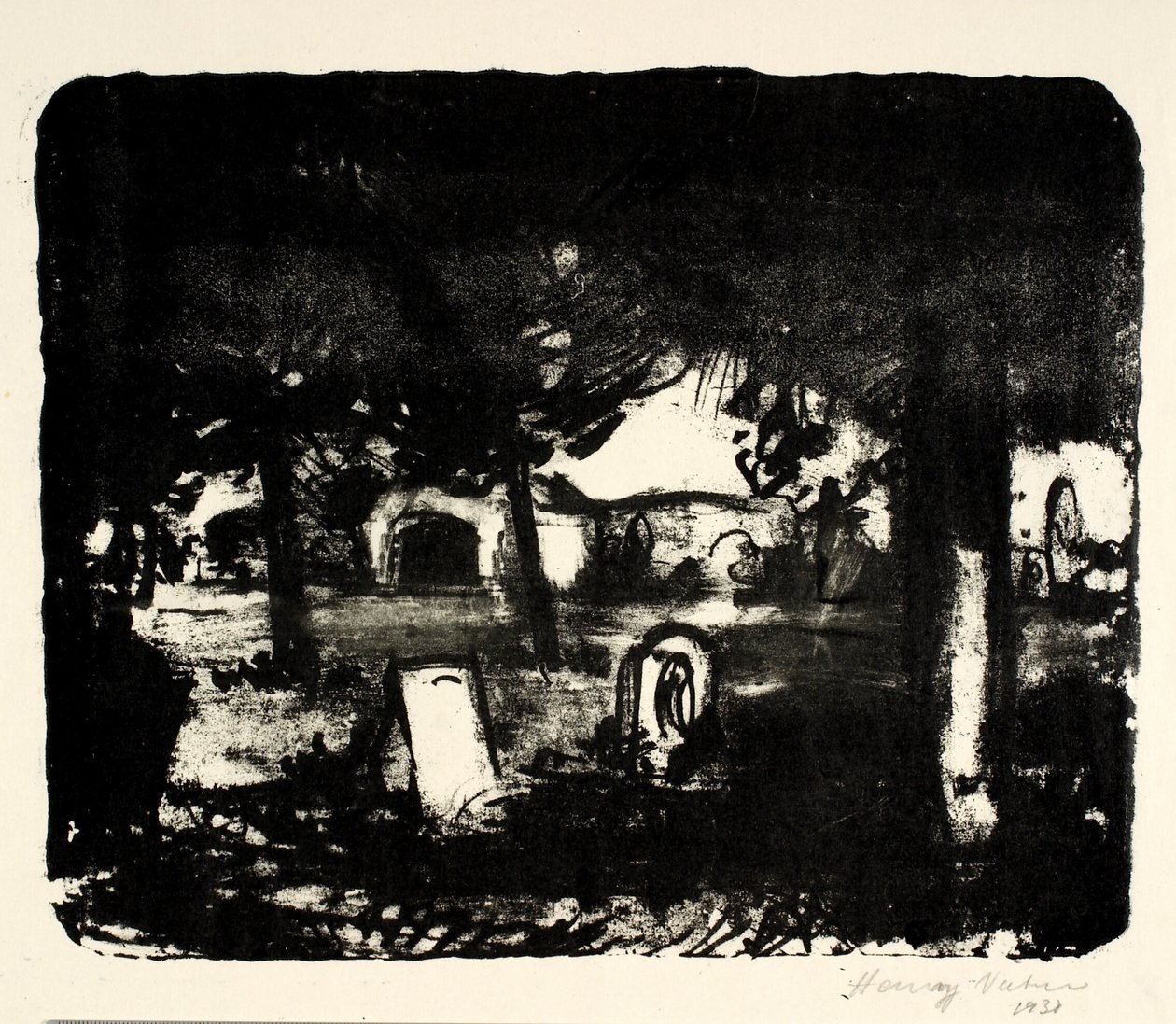Kyrkogård, gravar under höga träd av Henry Nielsen
