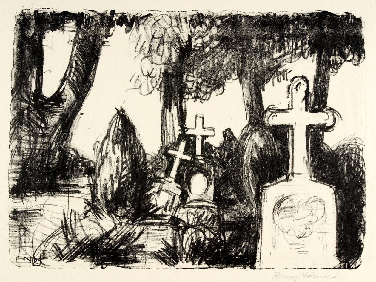 Kyrkogård med tre gravstenar av Henry Nielsen