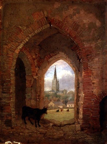 Utsikt genom valvet av Cow Tower, Norwich (olja på panel) av Henry Ninham