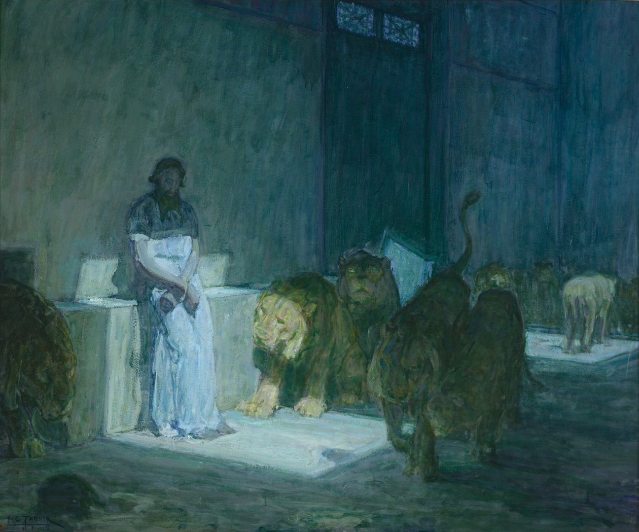 Daniel i lejonhålan, 1907-18 (olja på papper monterad på duk) av Henry Ossawa Tanner