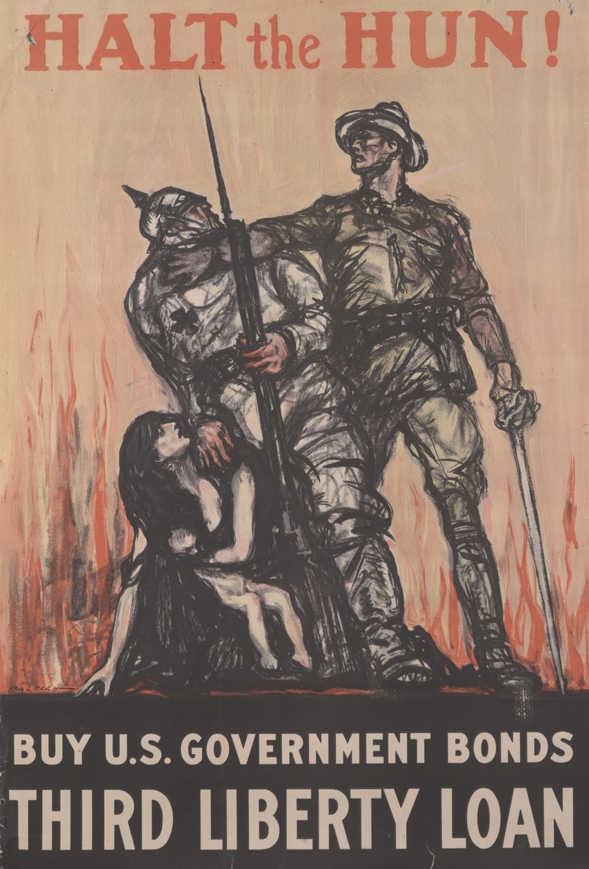 Stoppa Hunnen! Köp amerikanska statsobligationer, Third Liberty Loan, c.1918 (färg litho) av Henry Patrick Raleigh