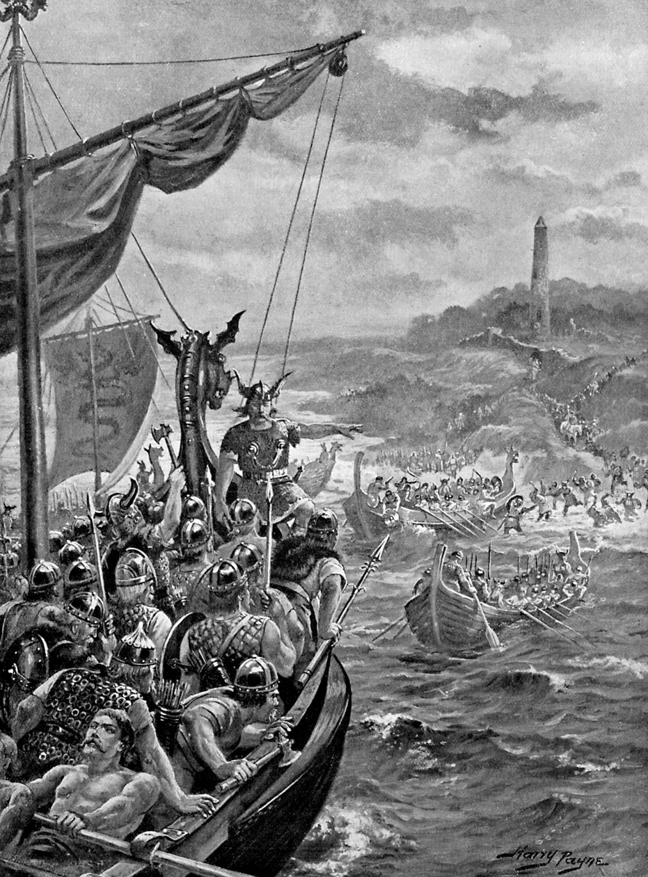 En attack av danskarna på Irland, 900-talet e.Kr., c1920. av Henry Payne