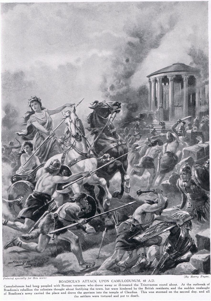 Boadiceas attack mot Camulodunum, illustration från 