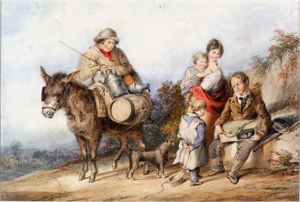 Mjölkpojke med familjegrupp, ca 1840 (akvarell och gouache) av Henry Perlee Parker
