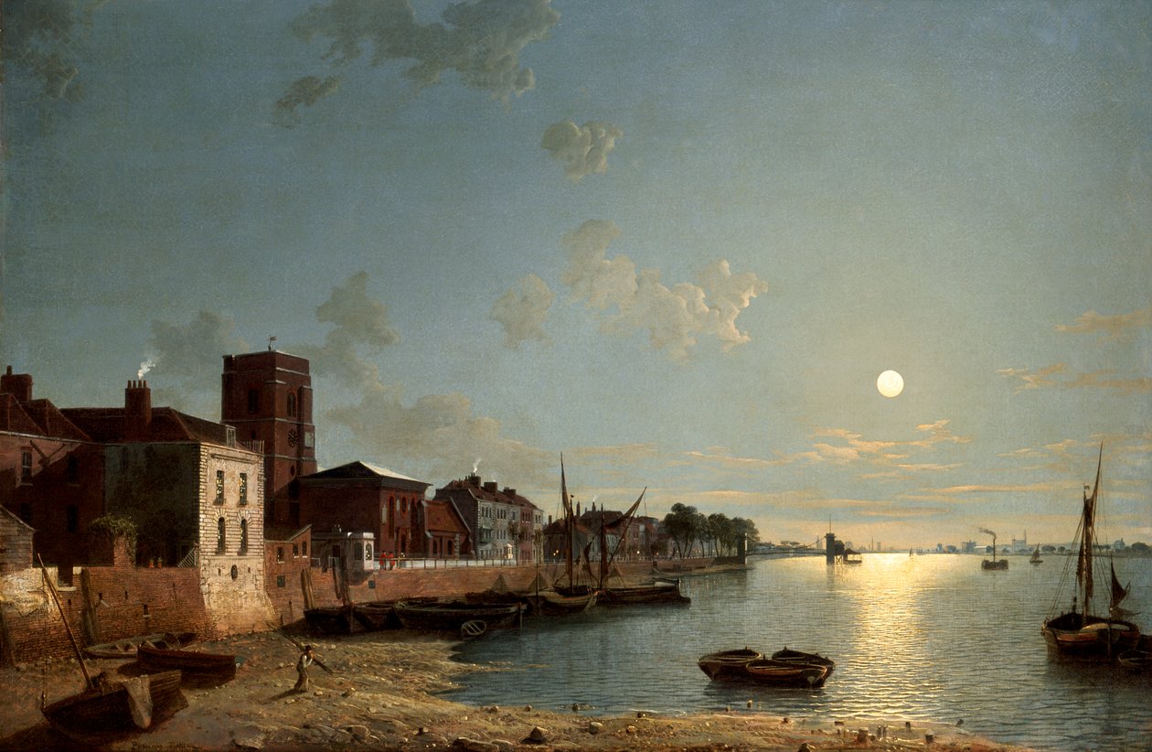 "Cheyne Walk in Chelsea, by Moonlight", c1850 av Henry Pether
