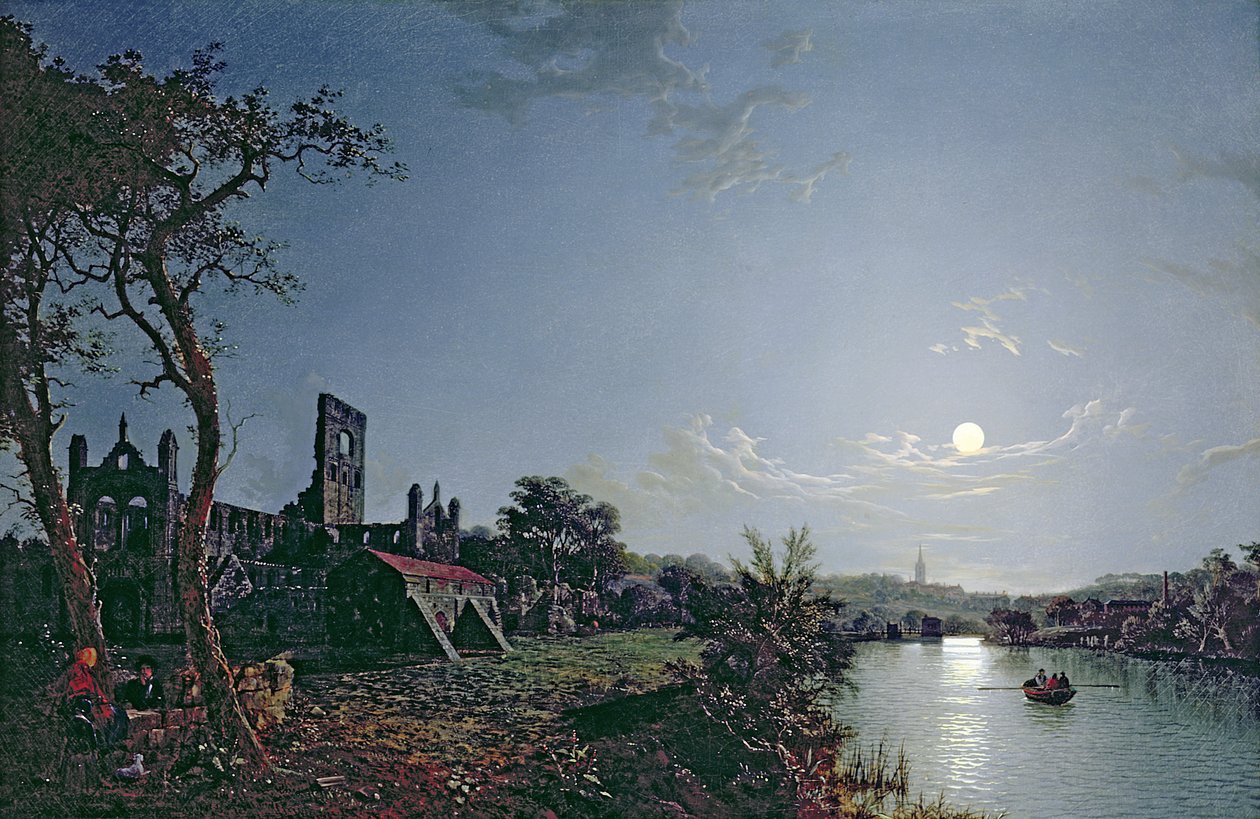 Morgon med utsikt över Kirkstall Abbey (olja på duk) av Henry Pether