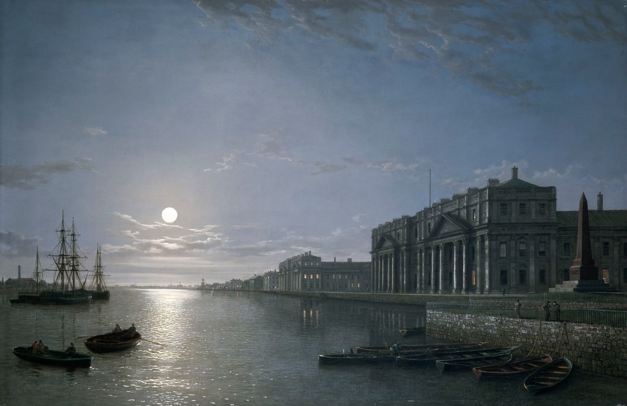 Themsen och Greenwich Hospital i månskenet, ca 1854-65 (olja på duk) av Henry Pether