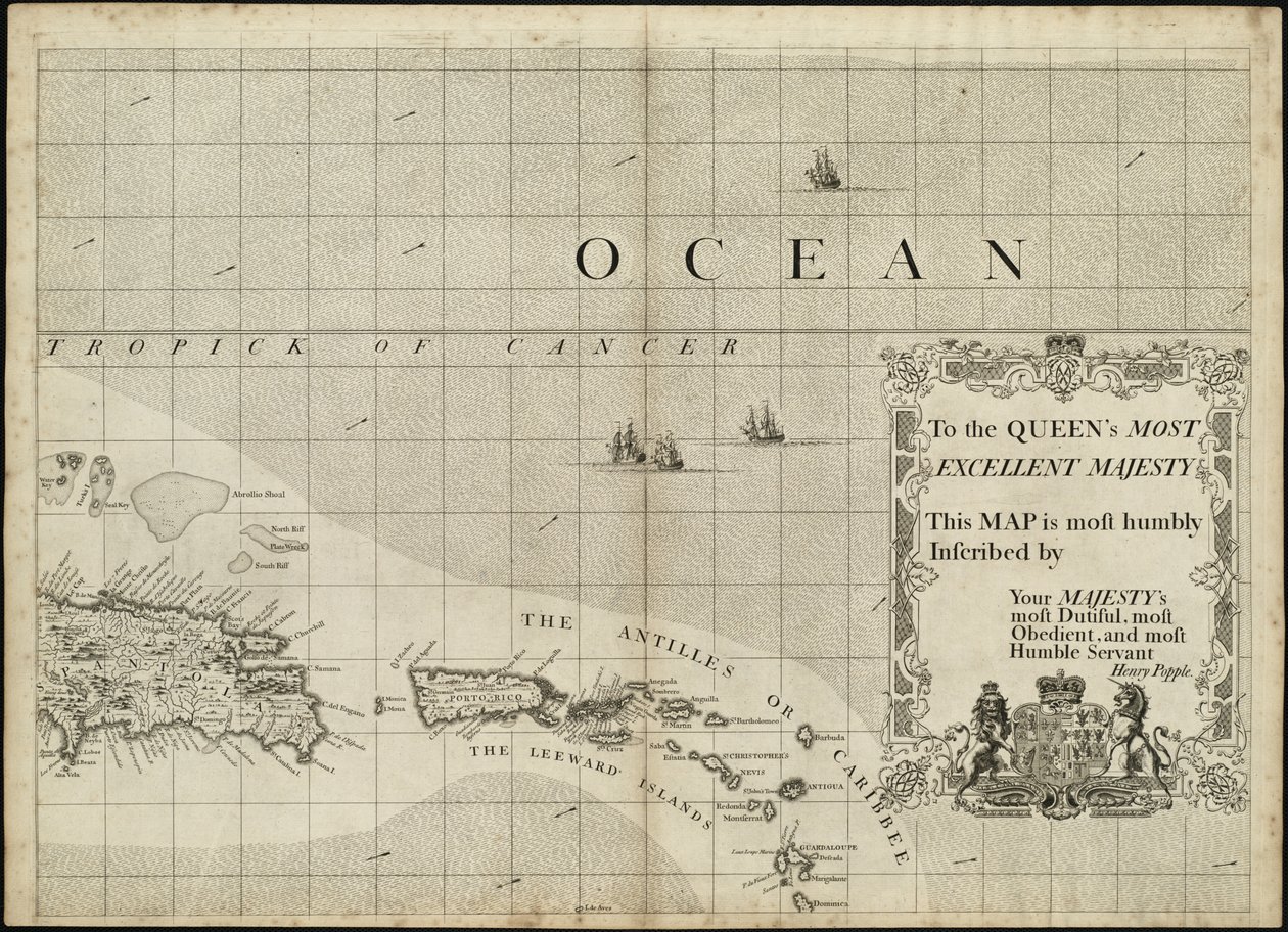 En karta över det brittiska imperiet i Amerika med de franska och spanska bosättningarna i anslutning därtill av Henry Popple