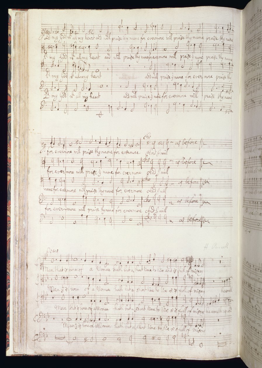 MU MS 88 f.102 "Man som är född av kvinna", sida ur en volym med engelska anthems komponerade och skrivna av Henry Purcell (1659-95) 1673 (bläck på papper) av Henry Purcell