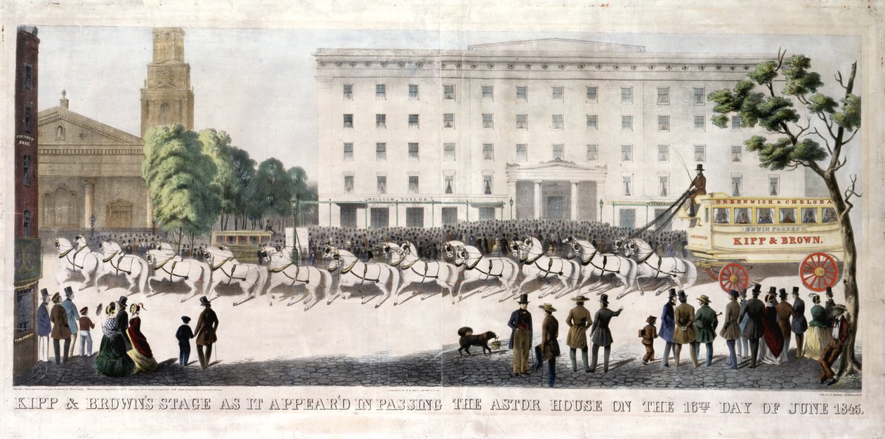 Kipp och Browns scen som den dök upp när den gick förbi Astorhuset den 16:e juni 1845, 1845 (handfärgad litho) av Henry R. Robinson