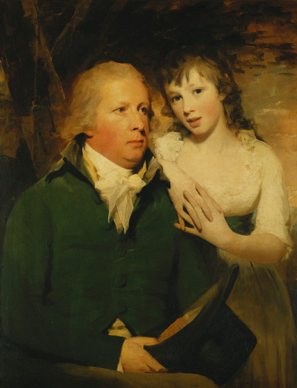 Porträtt av Sir Alexander Don, sittande halvlängd, sittande i en grön rock med sin dotter, Elizabeth, lutad på hans axel, av Henry Raeburn