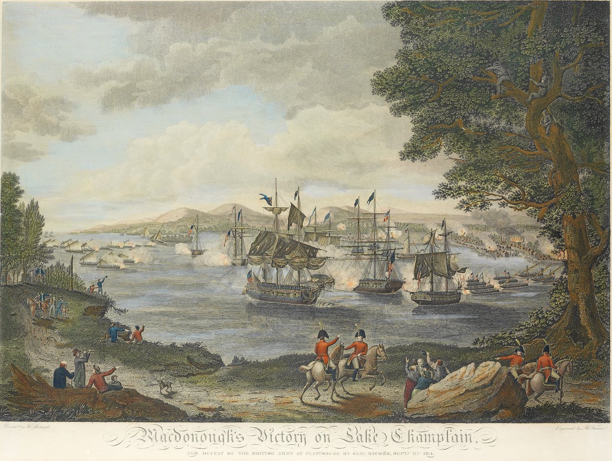 MacDonoughs seger vid Champlainsjön och den brittiska arméns nederlag vid Plattsburg av Genl Macomb, 11 september 1814, graverad av B. Tanne, 1816 av Henry Reinagle
