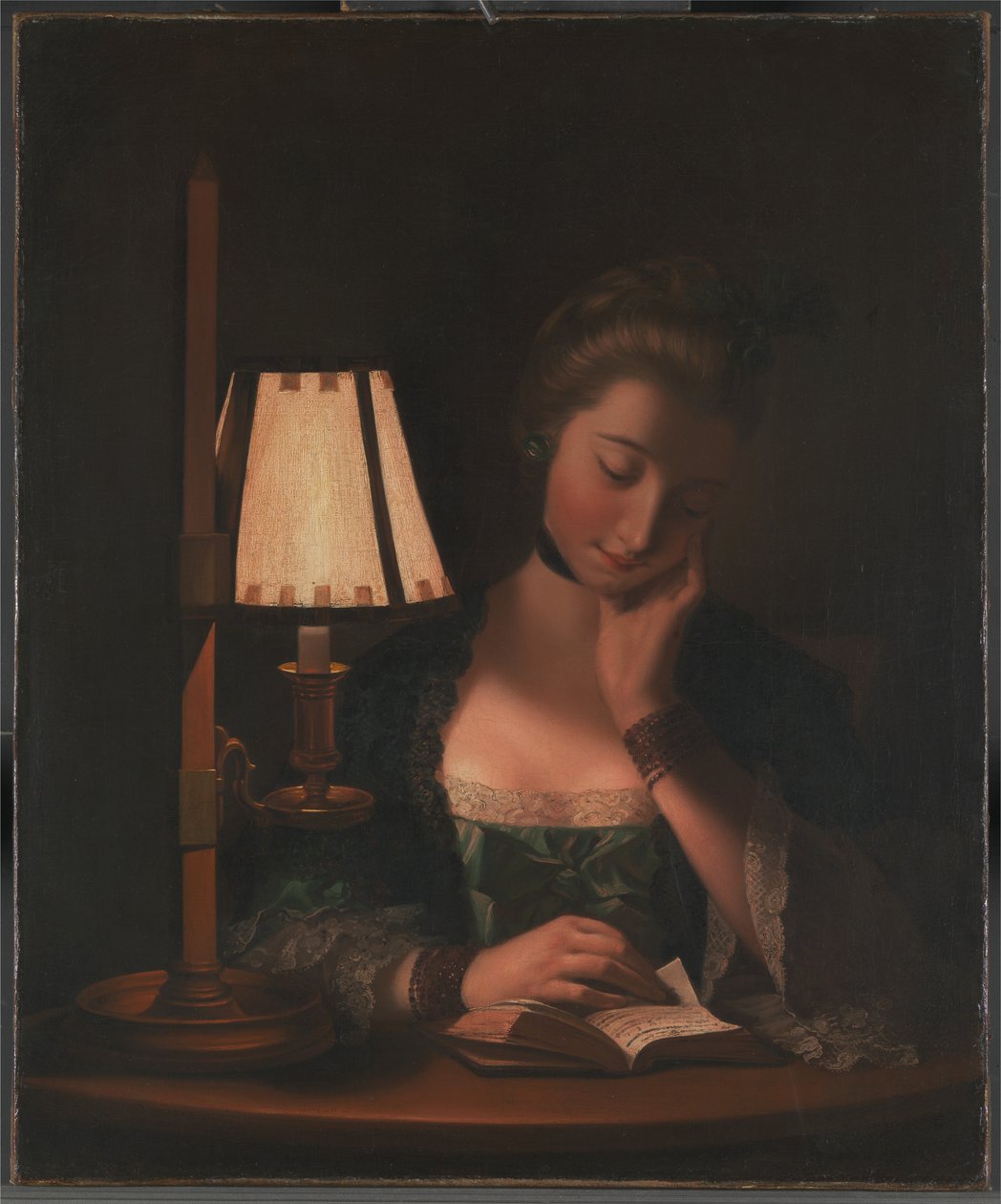 Kvinna läser vid en pappersklockas skugga av Henry Robert Morland