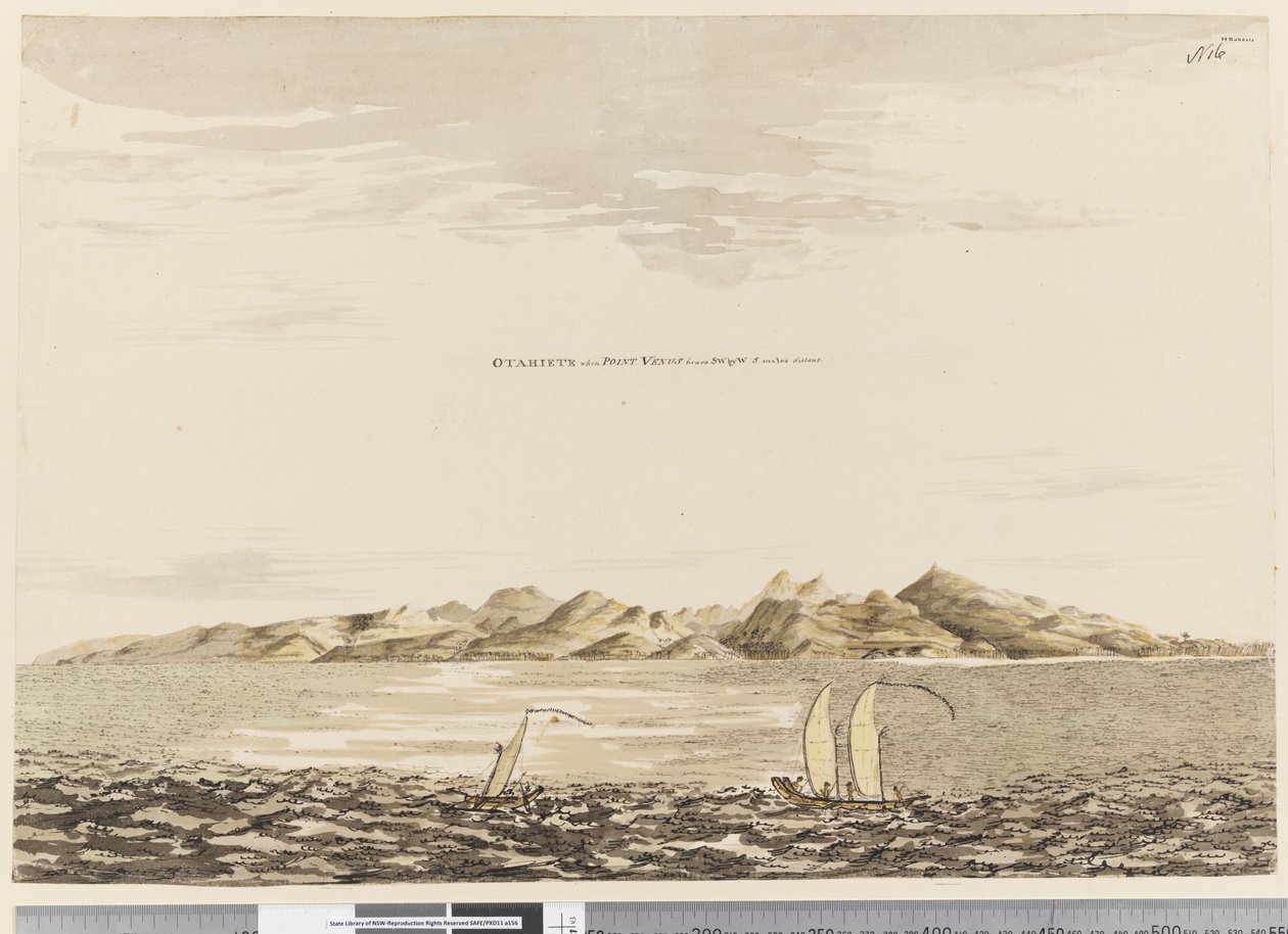 Sida 16 Otaheite, när Point Venus bär S.W. vid W. 5 mil bort, 1768-75 (wc) av Henry Roberts