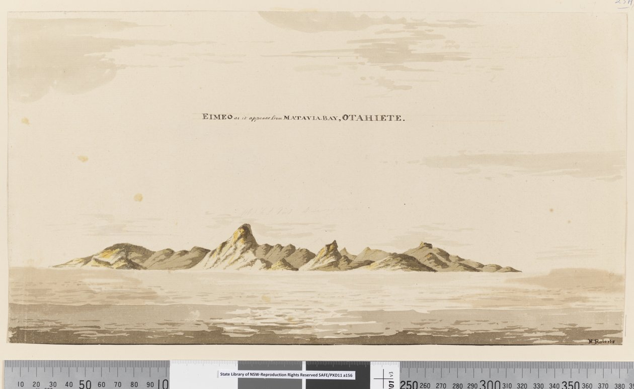 Sida 25aa Eimeo som den ser ut från Matavai Bay, Otahiete, 1768-75 (penna & bläck och tvätt) av Henry Roberts