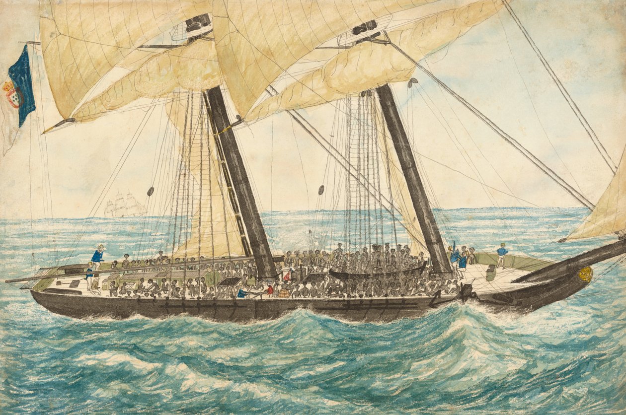 Den portugisiske slaven Diligenté tillfångatagen av H.M. Sloop Pearl med 600 slavar ombord, maj 1838. av Henry Samuel Hawker