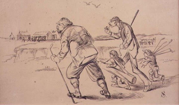 Golfare iväg till Practice on the Beach, illustration från "Graphic" magazine, pub. c.1870 (lito) av Henry Sandercock