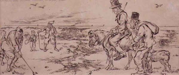 The Difficult Putt, illustration från "Graphic" tidningen, pub. c. 1870 (lito) av Henry Sandercock