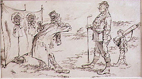 Golfaren blir störd av säljaren, illustration till Graphic magazine, pub. c, 1870 av Henry Sandercock