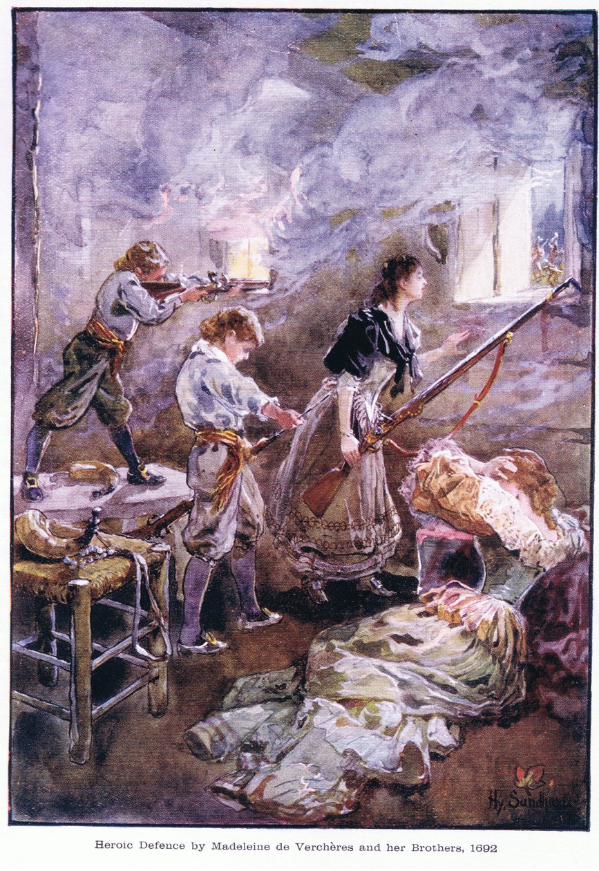 Madeleine de Vercheres och hennes bröder försvarade sig hjältemodigt 1692, ca 1920 av Henry Sandham