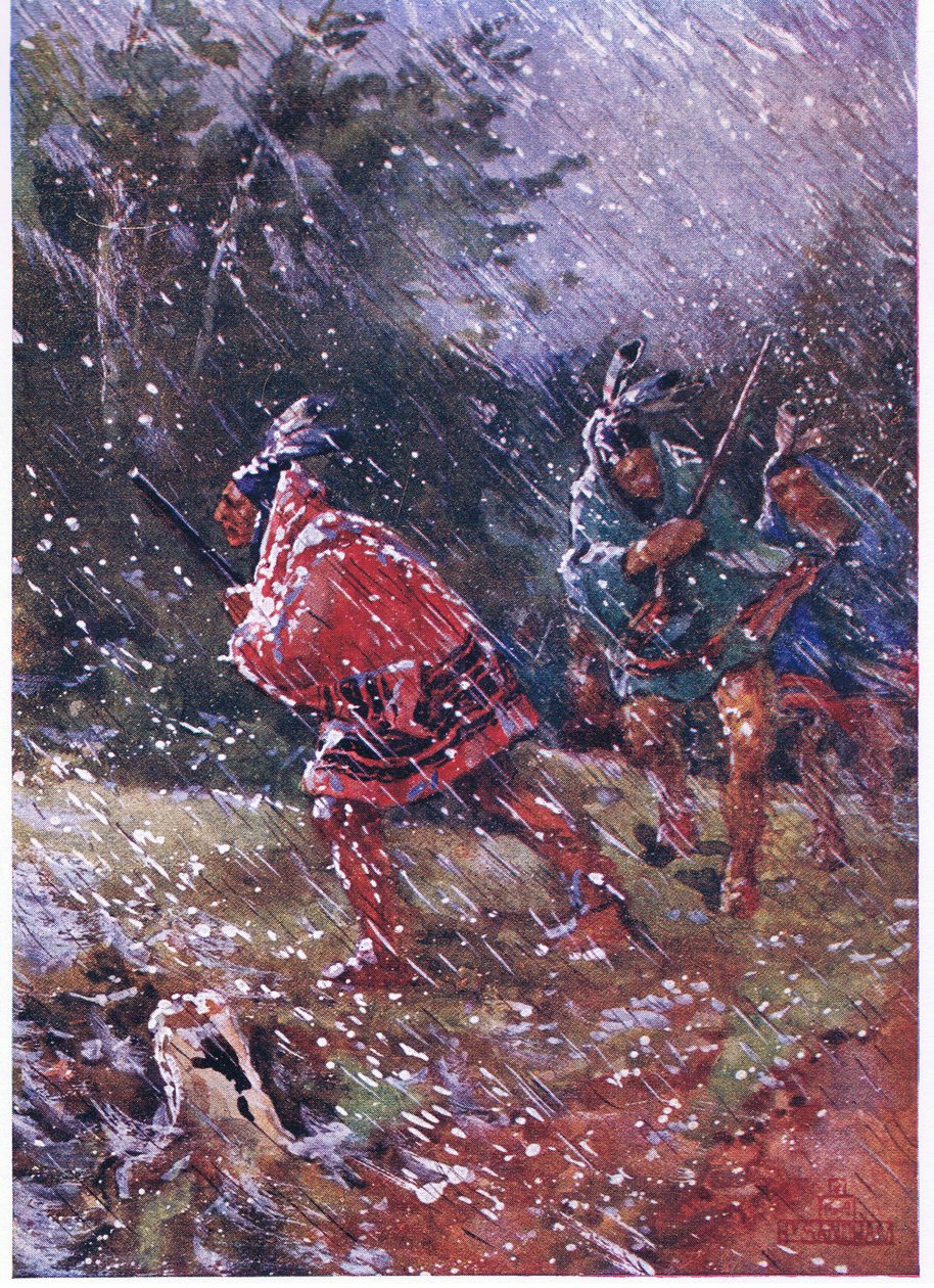 Röda indianer som jagar i en snöstorm av Henry Sandham