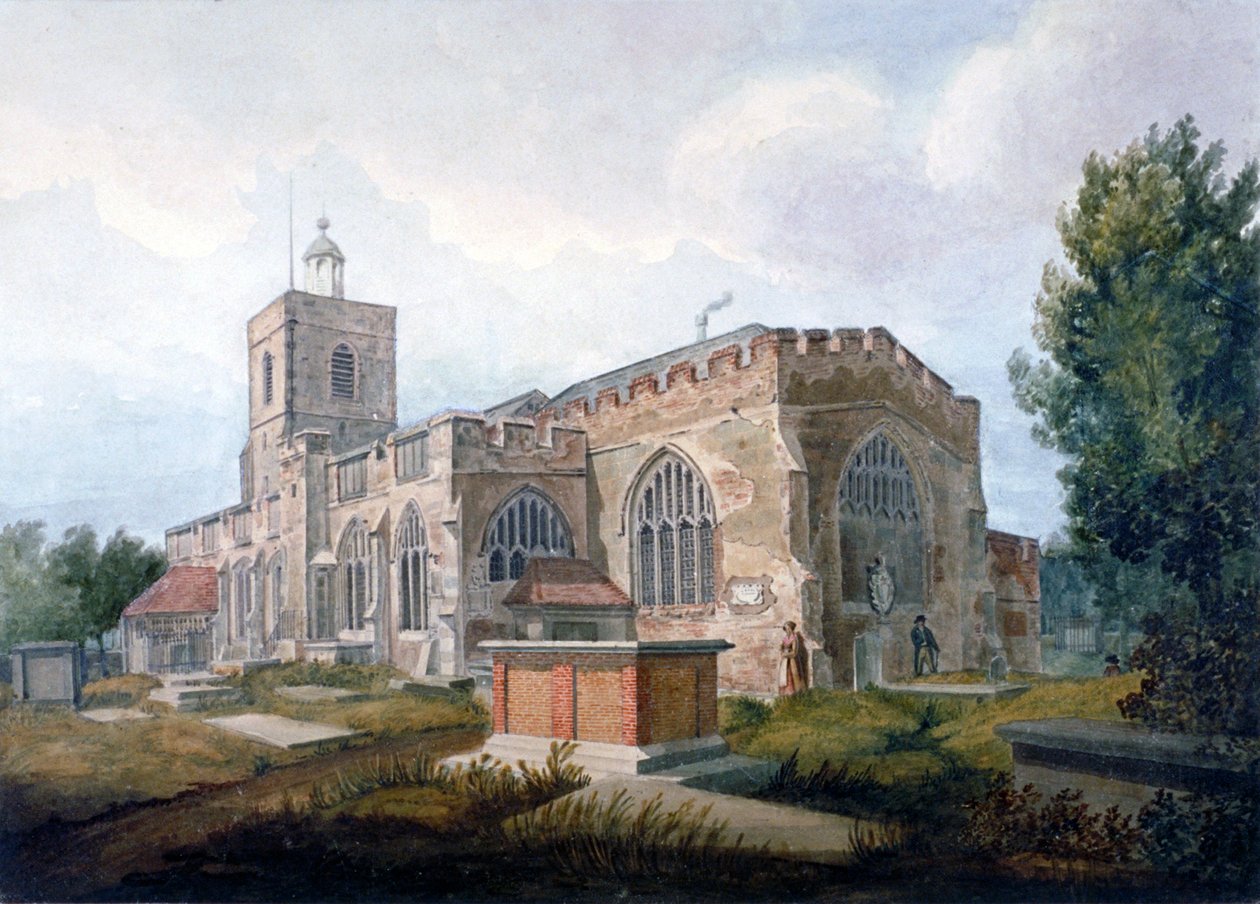 Sydostvy över Church of St Dunstan, Stepney, London, c1820 av Henry Sass