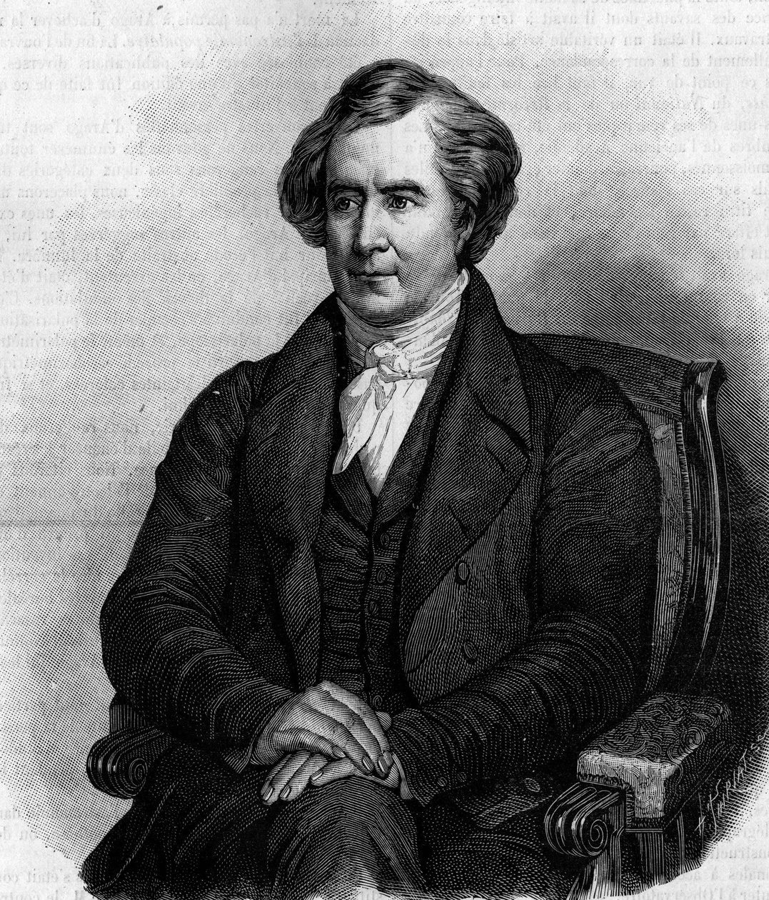 Porträtt av Francois Arago (1786-1853), fransk astronom, fysiker och politiker. (Från Henri Scheffers målning). Gravyr i "" Nature: granskning av vetenskaperna och deras tillämpningar på konst och industri "" av den 6 mars 1886. av Henry Scheffer