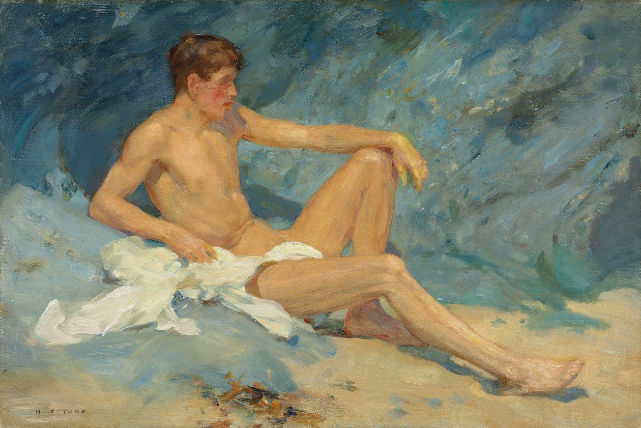 En manlig naken liggande på stenar av Henry Scott Tuke
