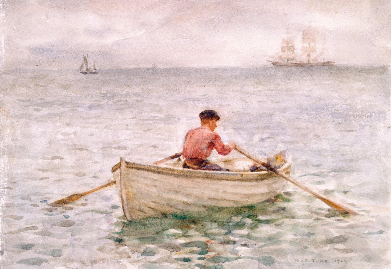 Vattenmannen och hans båt, 1921 (wc på papper) av Henry Scott Tuke