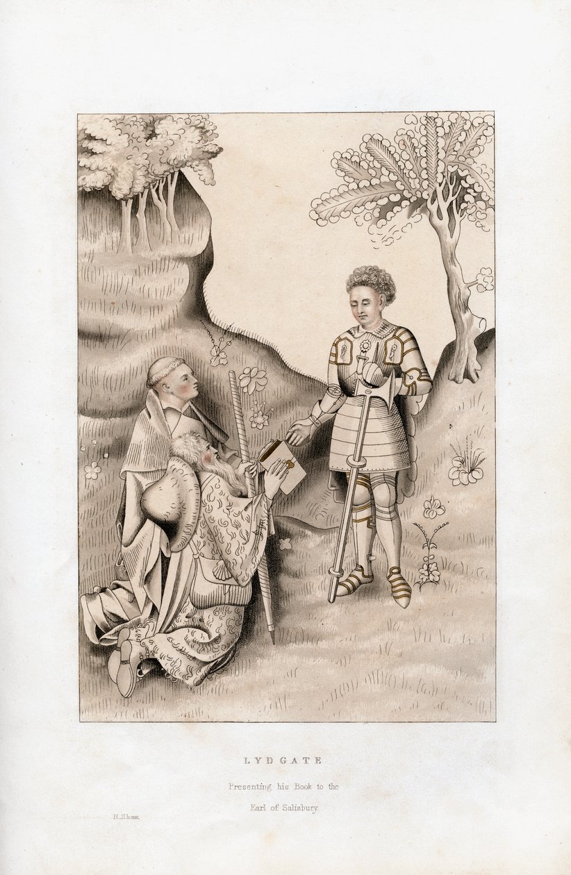 Lydgate presenterar sin bok för Earl of Salisbury, 1426, 1843. av Henry Shaw